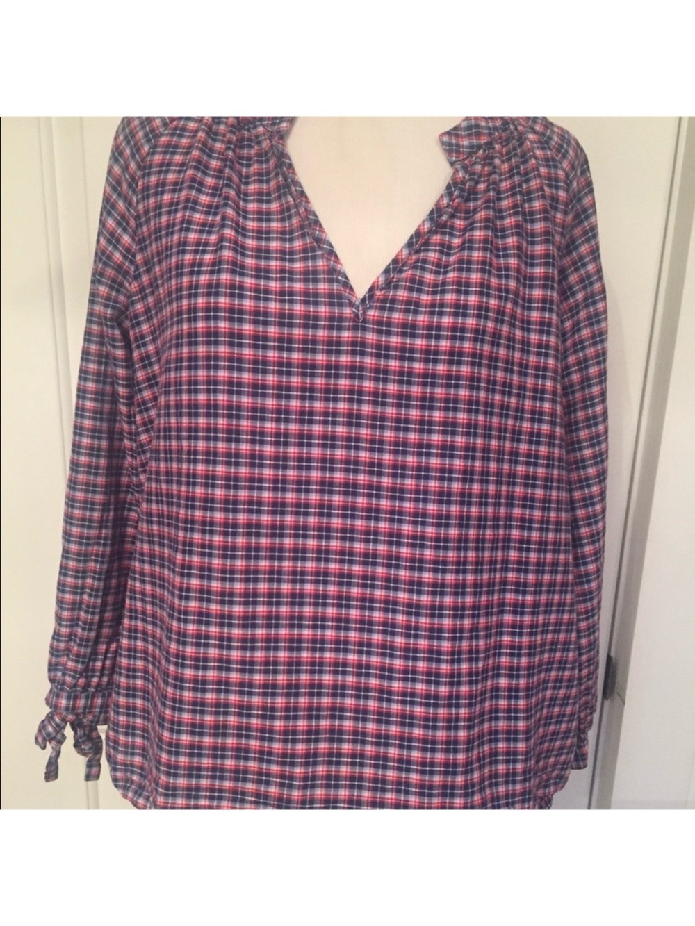MADEWELL TOP RED WHITE BLUE PLAID TUNIC 3/4 SLEEVE Size MEDIUM